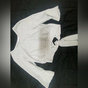 White and Black 3/4 Sleeve Blouse with Sailor Collar and Tie Front
